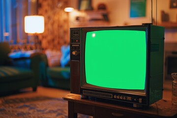 A retro-style television set in a cozy living room with vintage decor provides a nostalgic atmosphere