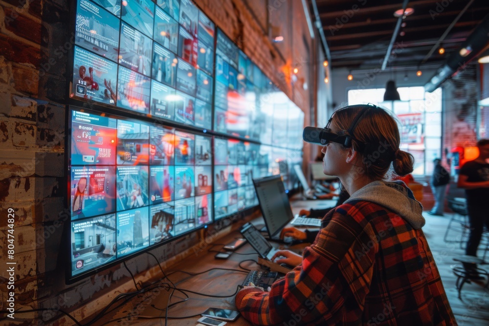 Poster a person engages with a virtual reality headset amidst a creative office environment, surrounded by 