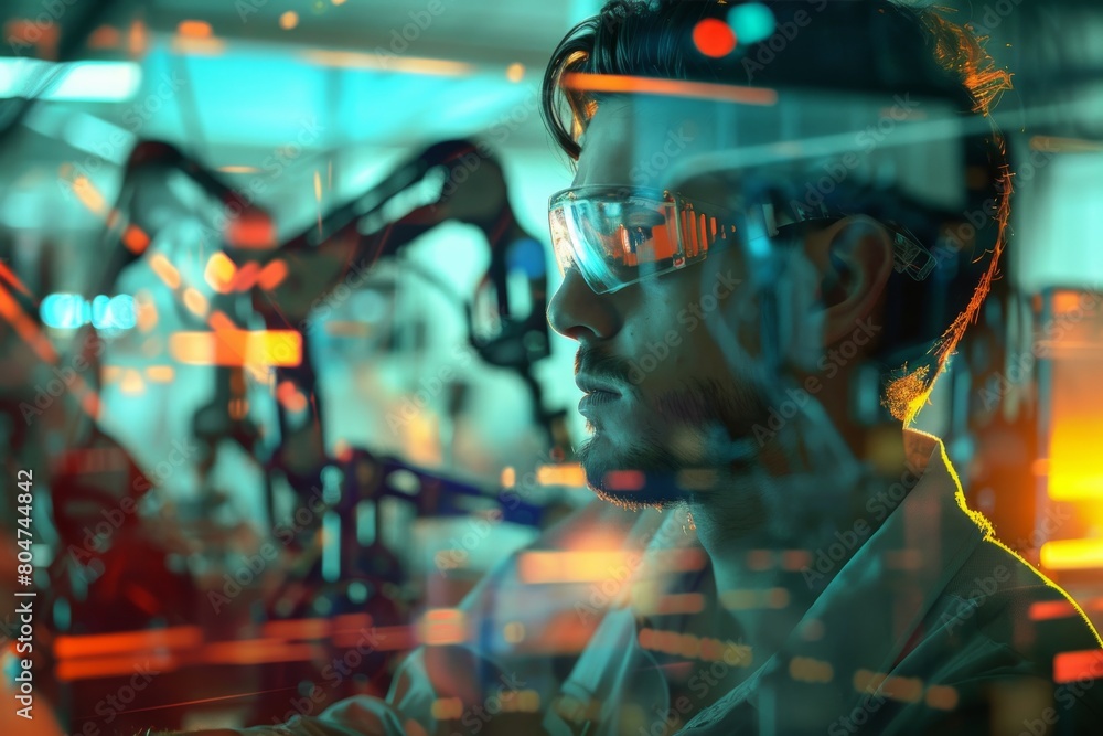 Aufkleber a scientist closely examines sophisticated robotic technologies, reflecting on innovation and comple