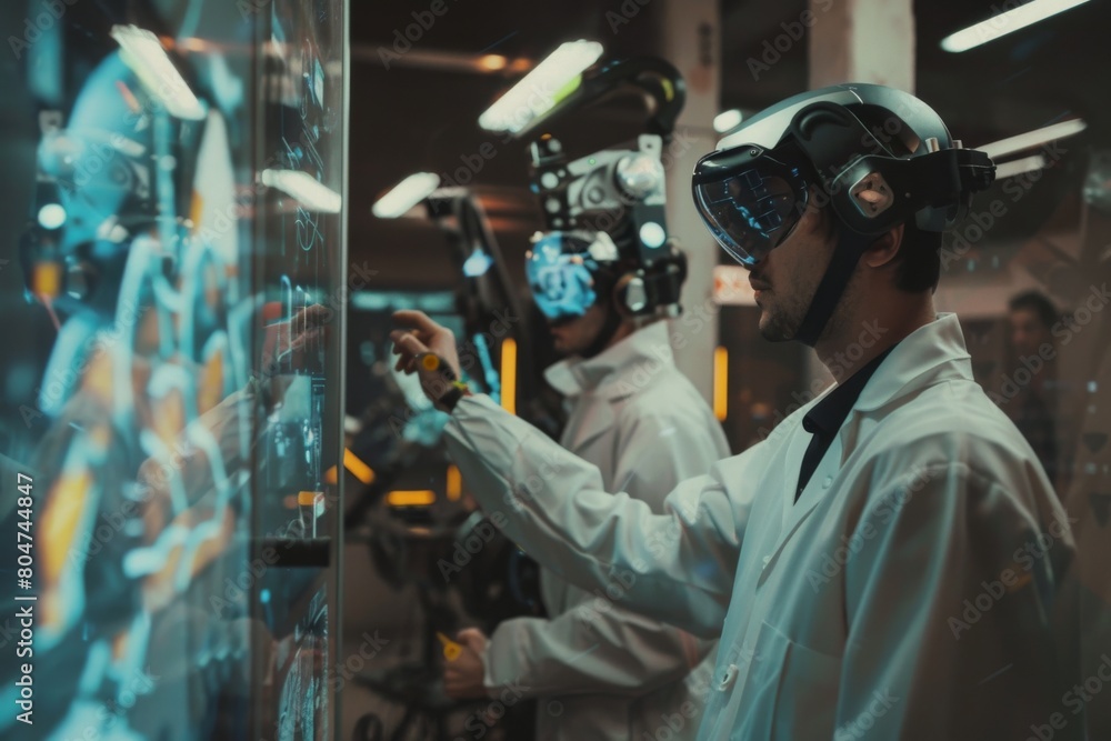 Poster two engineers in a high-tech laboratory work on and interact with futuristic robotic arms, showcasin