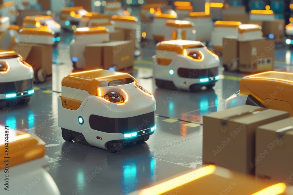Poster a fleet of robotic vehicles intelligently navigating through a warehouse, sorting and transporting p