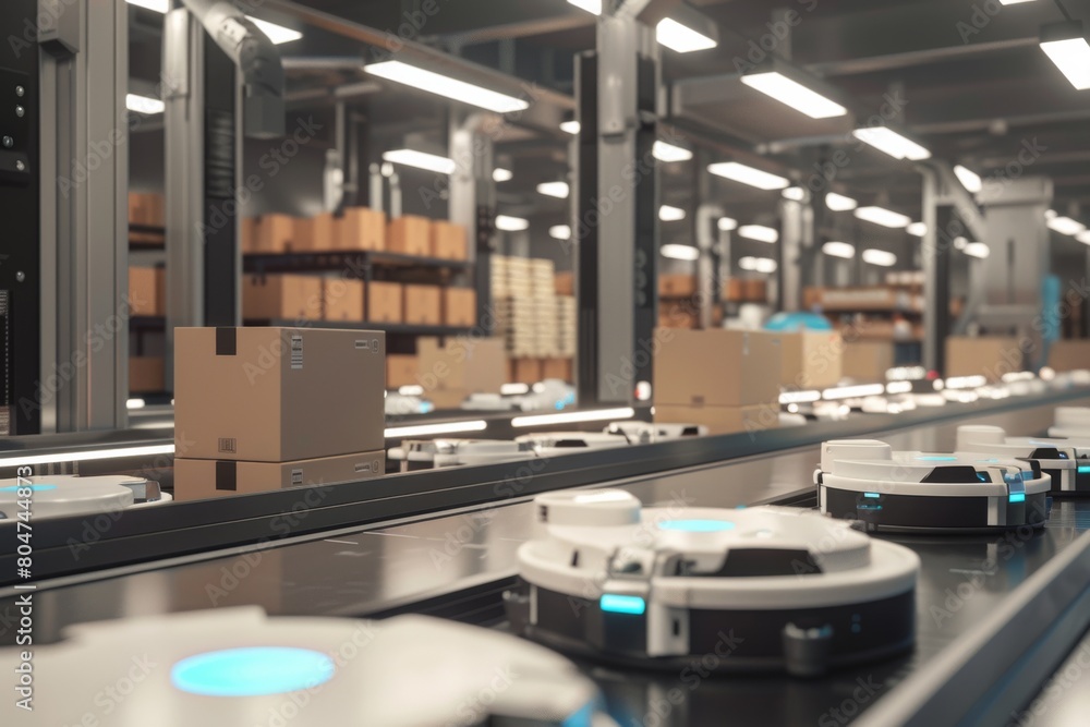 Poster conveyor belts and autonomous robots streamline workflows in a modern logistics center, handling goo