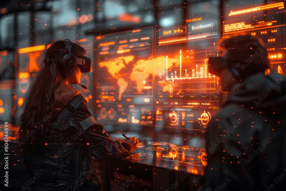 Poster two users engage with virtual reality interfaces, complete with futuristic graphics and data analyti