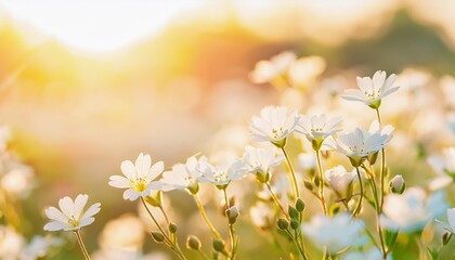 small white flowers in sunlight beautiful summer sunny background selective focus field flowers cerastium banner