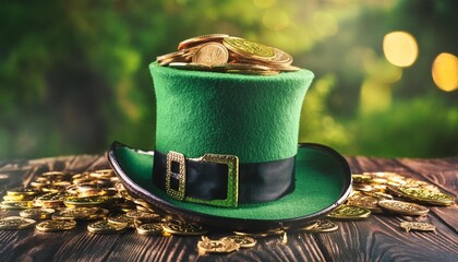 green happy st patrick s day sign background with a leprechaun green shamrock hat full of gold coins and clover symbol generative ai - Powered by Adobe