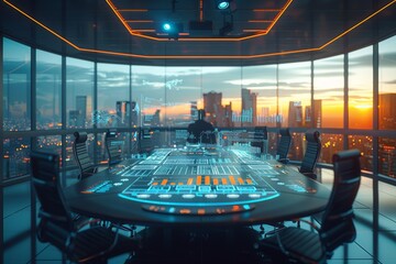 A person oversees a high-tech command center with advanced digital screens and a panoramic city view