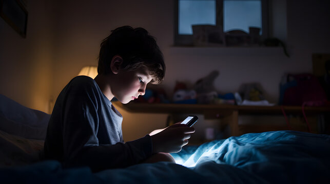 A child using a smartphone lying in bed late at night, playing games, watching videos online, and scrolling the screen. Children's screen addiction. Child's room at night. - Powered by Adobe