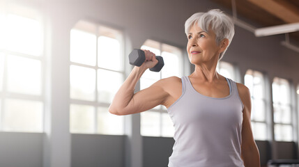 elderly woman exercising with a dumbbell - Powered by Adobe