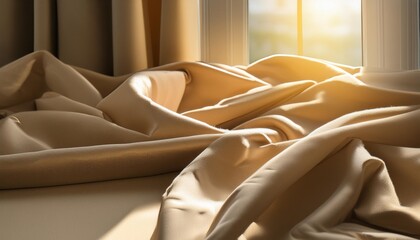 beige satin fabric texture background with sunlight and shadow from window high quality photo