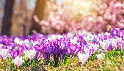 beautiful crocus flowers growing in the spring park seasonal sunny easter background