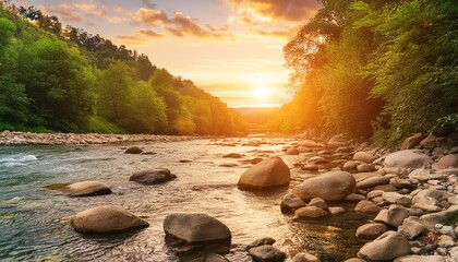 sunset by the river with rocks and lush foliage peaceful nature and relaxation concept design for spa mindfulness poster wallpaper panoramic landscape photography with golden hour light