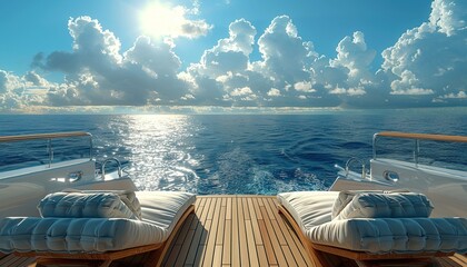 A deck of a luxury cruise ship with sun loungers on the sea background, blue sky and clouds. Photorealistic