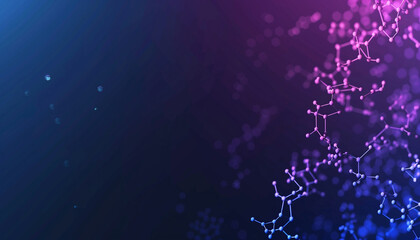 Gradient from dark blue to purple with tiny polygonal molecular structures showcasing sophisticated molecular science in a sleek, minimalist design.