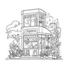 illustration coloring book cafeteria cute house. Vector illustration