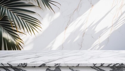 luxury marble table with plant shadow on white wall for product placement display modern minimal design with trendy neutral aesthetic for beauty and cosmetics scene summer tropical background