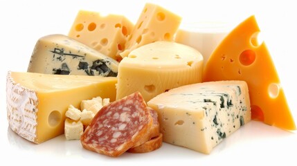 Assorted dairy products including cheese and milk arranged on a clean white background