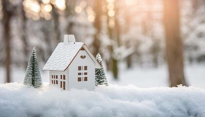 a small fairy tale cottage in a winter snow covered forest christmas background with miniature paper house - Powered by Adobe