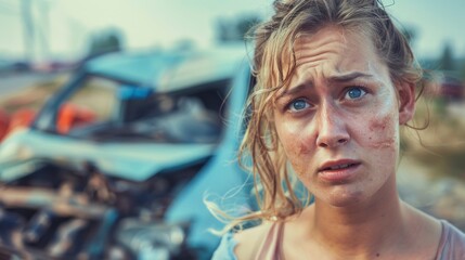 portrait of a woman with a worried face after a crash on the street during the day in high resolution