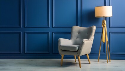 generative ai of modern armchair and lamp against blue wall