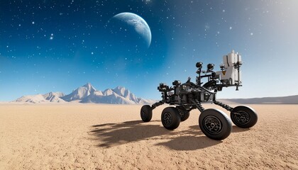 six wheeled exploration rover traverses barren extraterrestrial terrain with an earth like planet and stars in the backdrop 3d render