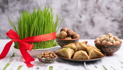 nowruz festive table green wheat grass with red ribbon arabic dessert baklava sweets nuts dry fruits traditional celebration of spring equinox in march nowruz holiday - Powered by Adobe