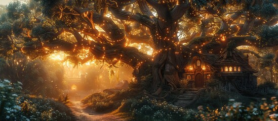 A fantasy forest with giant trees, green leaves and flowers, with magical lights hanging from the trunks of tree , 