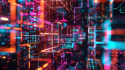 Immerse yourself in the vibrant dance of glowing particles, where neon hues collide and intertwine, creating a mesmerizing symphony of light and energy.