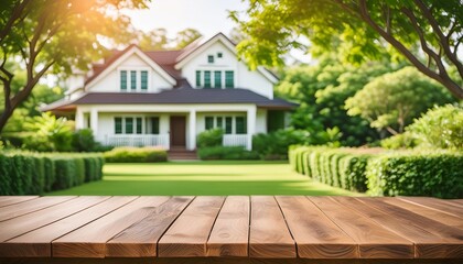 wooden table space with green home backyard view blur background for advertising template