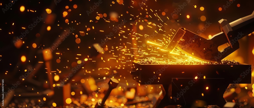 Wall mural a blacksmith hammers a hot piece of metal on an anvil, sparks flying.