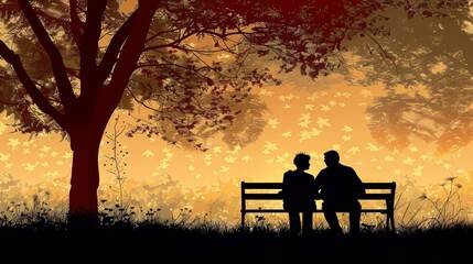 A serene park bench hosts the silhouette of an elderly couple, reflecting a lifetime of love and companionship, Sharpen closeup highdetail realistic concept good mood tone