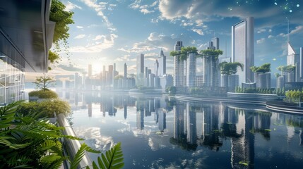 A beautiful futuristic city with skyscrapers and lush greenery. The city is built on a river and there are mountains in the background. The sky is blue and there are white clouds.