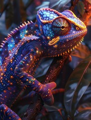 A neon-colored chameleon is sitting on a branch. The chameleon is mostly blue but has some orange and purple scales. The background is green and out of focus.