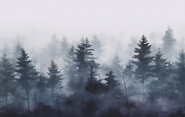 Foggy Forest in Indigo and White - Atmospheric Watercolor Wallpaper