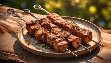 kebab on skewers two portions of grilled meat on a plate