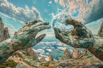 A giant hand made of stone holds a crystal ball in the sky. The background is a beautiful landscape with mountains, clouds, and a blue sky.