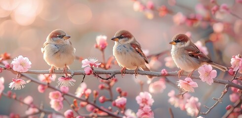 A group of little cute baby sparrow birds sitting on a branch in a spring garden with pink flowers, against a beautiful natural background
