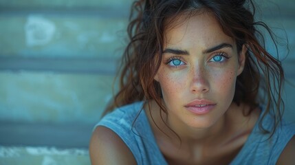 An adult woman sitting on the stairs looks worried