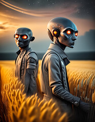 Two aliens in a wheat field