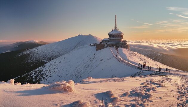 first snow in november in karkonosze mountains sunrise in sniezka peak the highest mountain in sudety range