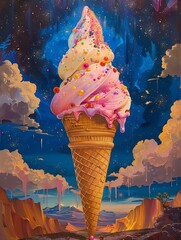 Ice cream cone in the desert with a starry night sky and a rainbow