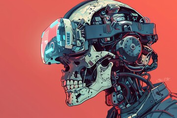 Draw a cyberpunk skull robot adorned with futuristic virtual reality glasses, symbolizing the merging of man and machine