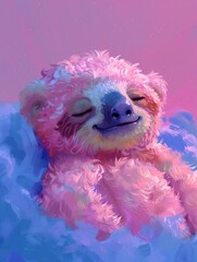 A cute cartoon sloth sleeping on a fluffy pink cloud