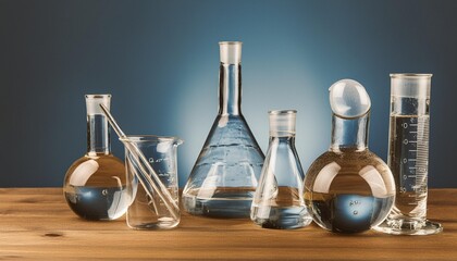 glass chemistry lab equipment on blue background chemistry lab concept 3d