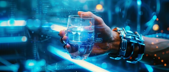 Fototapeta premium A hand holding a glass of water. The glass is being held up to the light, and the water is reflecting the light. The background is a blur of blue and green lights.
