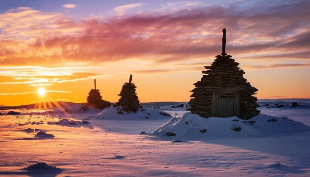 Ancient Allure Of An Arctic Tundra Landscape At Sunset Featuring Icy Expanses And The Silhouette Of Ancient Structures Against The Twilight