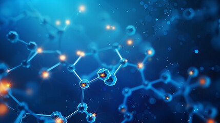 Night sky blue with tiny glowing molecular networks a network of small polygonal structures illuminated against a deep blue, symbolizing connectivity.