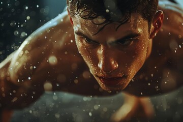 A young male athlete is doing push-ups in the rain. He is sweating and his muscles are glistening. He is determined and focused. He is pushing himself to the limit.