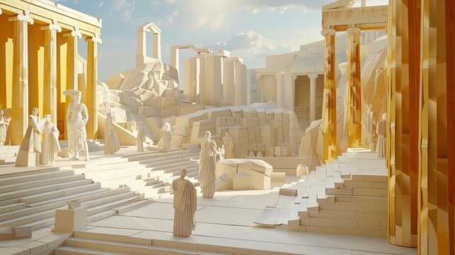 A beautiful ancient Greek city with white marble buildings and gold statues.