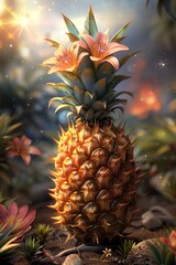 Obraz premium A golden pineapple with pink flowers on top of it. The pineapple is sitting on a bed of green leaves and there are other pink flowers in the background.
