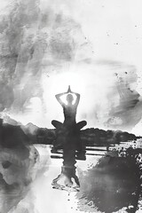 A black and white watercolor painting of a woman sitting in a yoga pose on a dock